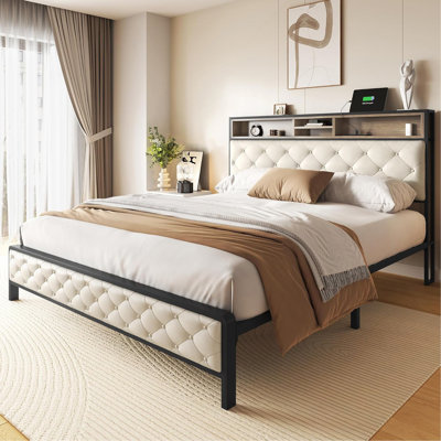 Bed Frame, Platform Bed Frame With Charging Station, Upholstered Storage Headboard & Footboard Metal Slats Supports Mattress Foundation, No Box Spring Needed(No Drawers)