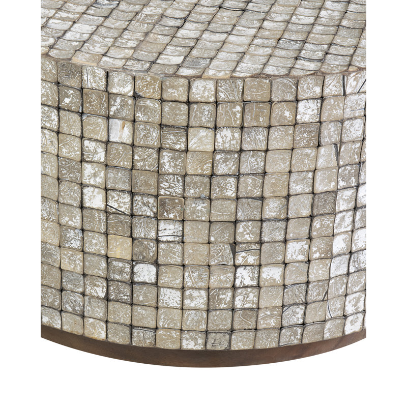 Abeale Round Mosaic Coconut Shell Coffee Table, Tumbled Granite