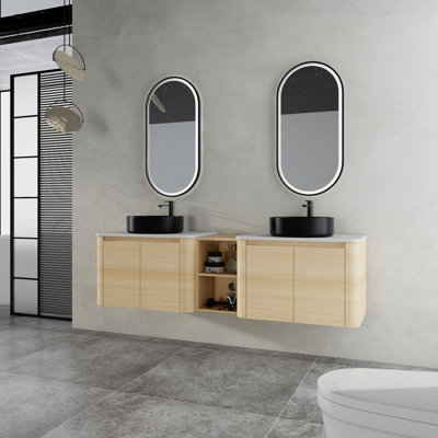Meuble-lavabo mural avec lavabo d'art en céramique et tablettes de rangement, porte à fermeture en douceur