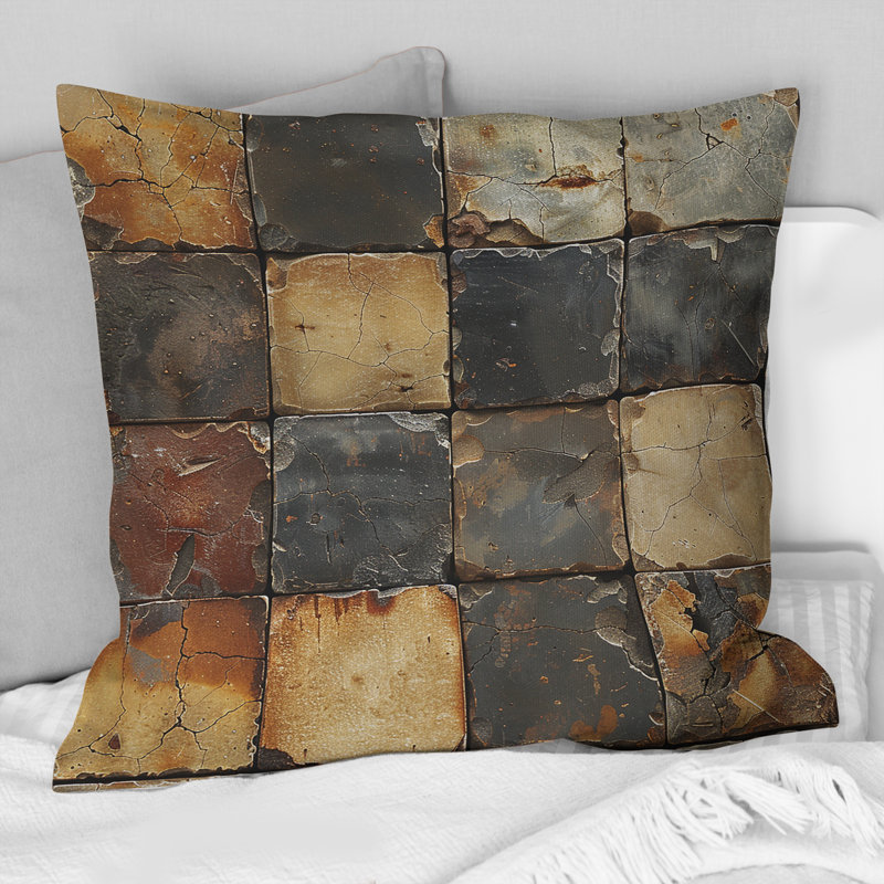 Carreaux d'inspiration rétro brun-gris - Coussin décoratif à carreaux, H 18 po x l 18 po