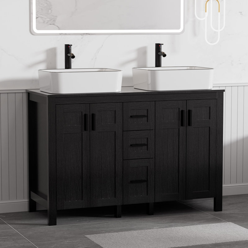 Meuble-lavabo double 48 po avec lavabos vasques, robinets, Noir