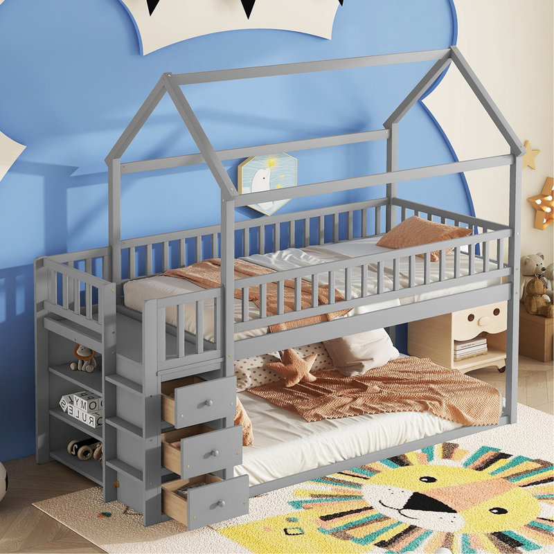 Lit superposé simple / simple avec tablettes et tiroirs de couleur grise