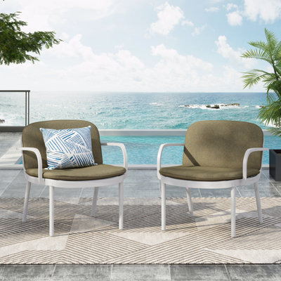 Set Of 2 Outdoor Patio Club Chair, PP White Frame With Green Cushion