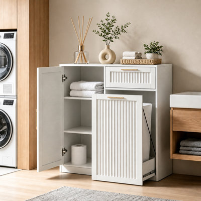 Pull Out 13 Gal Trash Cabinet with Adjustable Shelf & Drawer