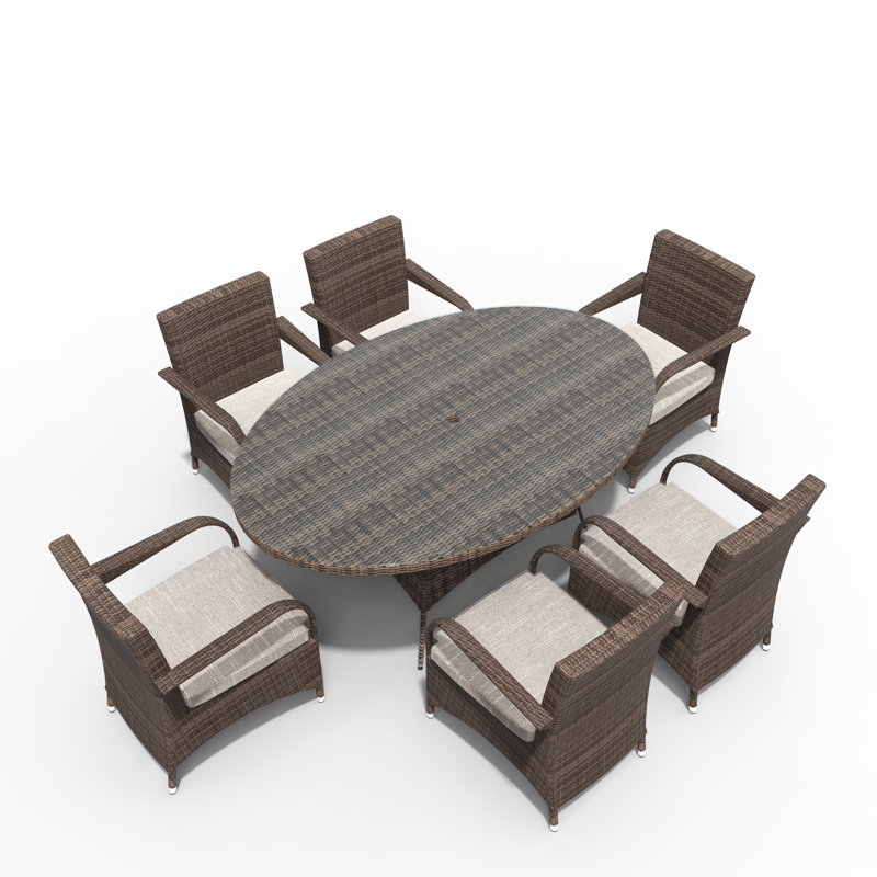 6 - Person Wicker Patio Dining Set with Oval Table , Cushions Included, Brown
