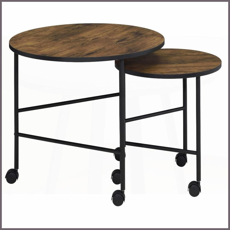 Chêne rétro Ensemble de 2 tables basses gigognes noires pour petits espaces avec roulettes