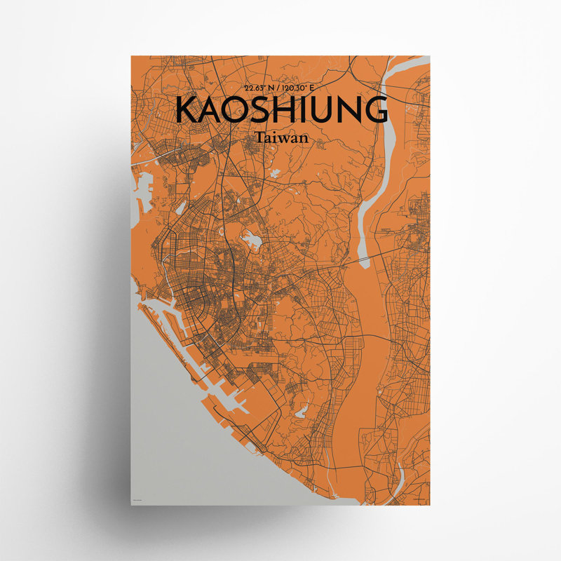 Kaoshiung City Map In Orange - No Frame Print, 36cm H x 24cm W x 0.05cm D