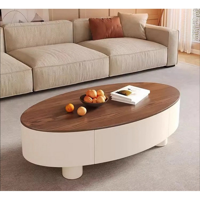 Table basse Mid-Century moderne ovale avec tiroirs en bois massif, table de rangement au fini noyer pour le salon