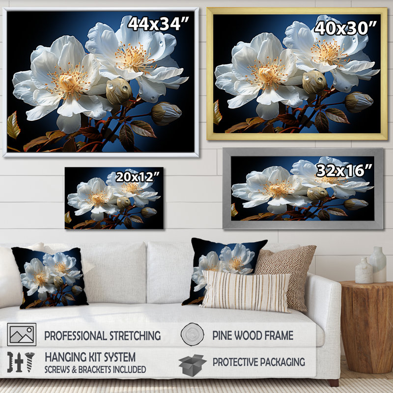 Fleurs transparentes blanches et bleues - impressions murales fleurs, H 12 po x l 20 po x P 1 po, Toile tendue