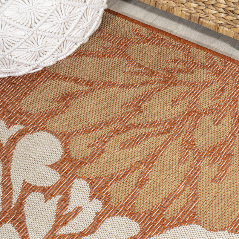 Zinnia Modern Floral Textured Weave Orange/Cream Indoor/Outdoor Rug, Square 5'3"
