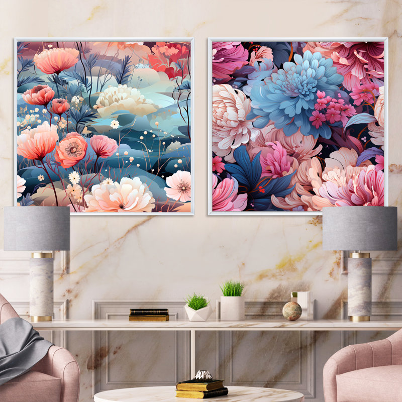 Leyna - Ensemble de 2 collages carrés botaniques abstraits, Cadre flottant blanc, H 30 po x l 61 po