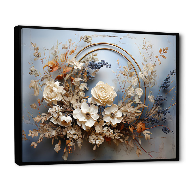Farmhouse Wreath Still Life - Art mural couronne, Cadre flottant noir, H 30 po x l 40 po x P 1,5 po