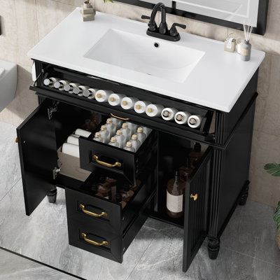 36-Inch Freestanding Bathroom Vanity with Ceramic Sink, Flip-Out Top Drawer, and Soft-Close Doors, Combining Style and Storage Efficiency