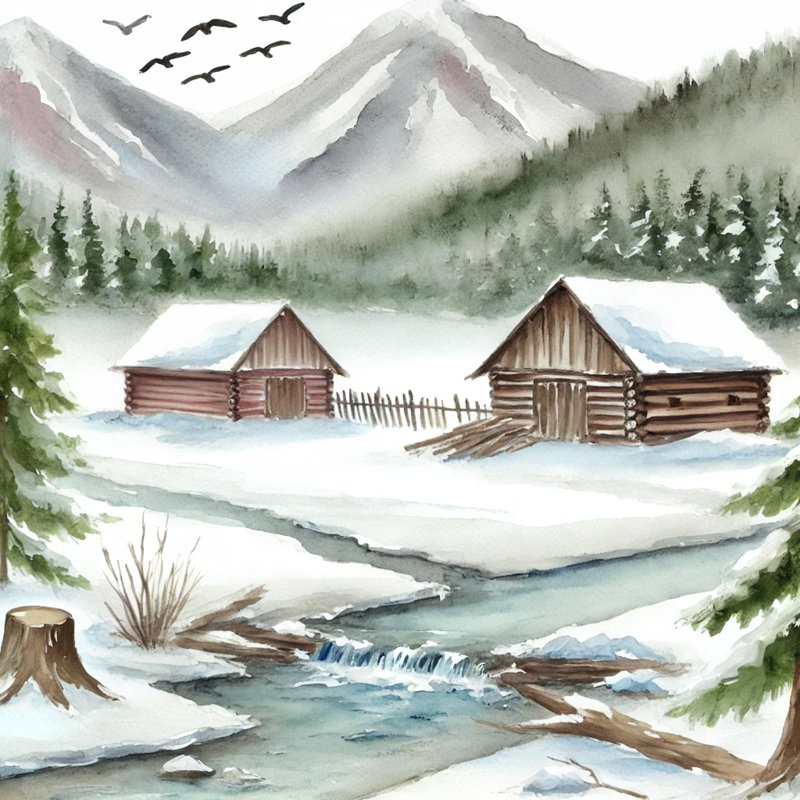 Mountain Refuge: Rustic Cabins by a Frozen Creek Canvas Print, 12" H x 12" W x 1" D