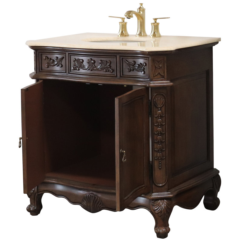 Walnut Wood Single Bathroom Vanity with Cream Marble Top