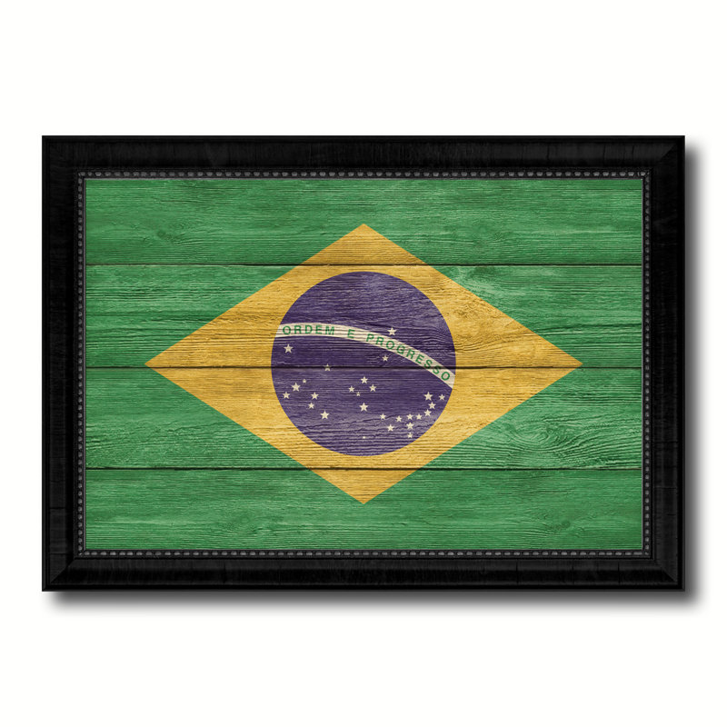 «Brazil Country Flag», reproduction sur toile encadrée, H 15 po x l 21 po x P 1 po, Encadrement brun