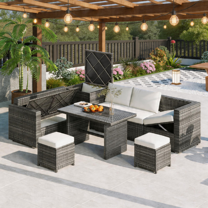 7 - Person Outdoor Conversation Set with Adjustable Reclining Sofa, Storage Boxes – Wicker Sectional Patio Furniture Set for Backyard, Poolside, Porch