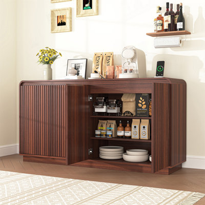 4-Door Fluted TV Stand With Power Outlet, Handleless Wave Design Entertainment Center, Adjustable 3-Tier Particle Board Storage Cabinet, Multi-Functional Media Console & Buffet Sideboard