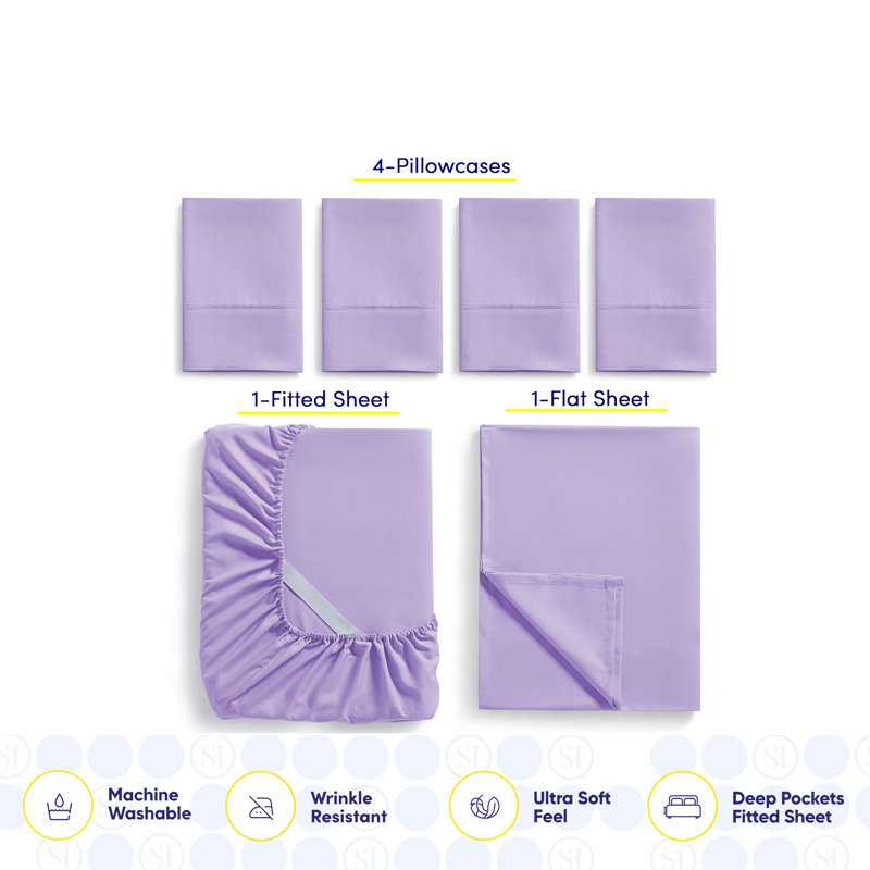 Ensemble de draps luxueux en microfibre douce avec taies d'oreiller en prime, Lavande