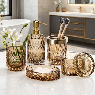 Ensemble d'accessoires de salle de bain en verre transparent 6 pièces de qualité supérieure avec distributeur de savon, porte-brosse à dents, gobelet, porte-savon et pot de coton-tige - Décoration en cristal moderne pour l'organisation de la salle de bain