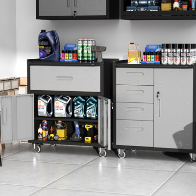 Metal Garage Tool Storage Cabinet With Wheels And Lockable Doors - 35.59"h X 29.61"w 16.44"d, 1 Drawer, , Black & Gray Drawer 2 Locking Doors, Gray, Rolling
