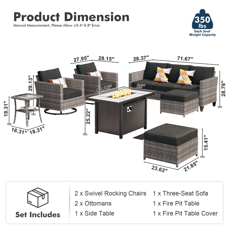 Outdoor Wicker 7 Person Seating Group With Swivel Rocking Armchairs And Fire Pit Table, Black