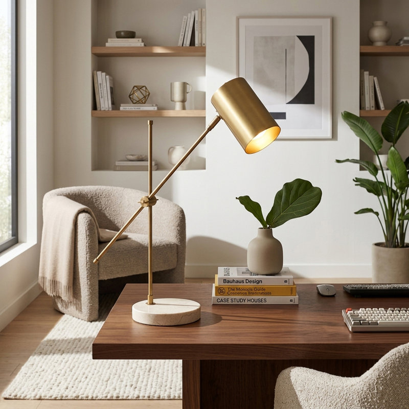 Chic Metal Table Lamp with Adjustable Shade and Travertine Base for Living Room - Small Accent Lamp for Bedroom, Bedside or Desk Lighting - 23", Gold