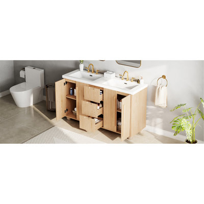 [Video] 59.1" Double Sink Bathroom Vanity with Resin Sinks, Solid Wood Handles, Natural Wood Grain, Soft-Close Doors & 3 Drawers, Adjustable Shelves, Wood Color