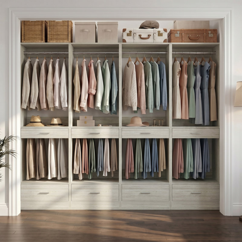 Système d'organisation 94,4 po avec zone de suspension, support à pantalons et tiroir, Beige