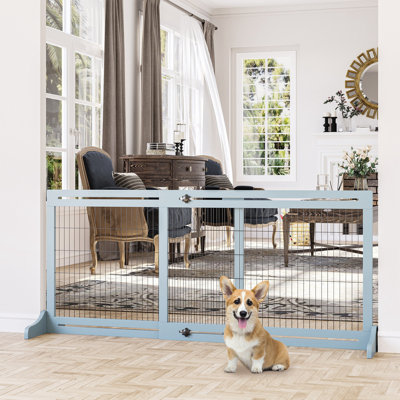 Pet Gate - 72" W X 26.85" H, Blue-grey. Adjustable Width For Dogs And Cats. Materials. Blocks Entrances. Easy Installation. For Small & Medium Sized P