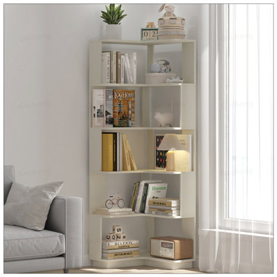 Bibliothèque de coin autoportante en forme de L à 6 niveaux, en bois avec panneaux anti-chute et dispositif anti-basculement pour bureau à domicile