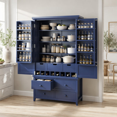 Freestanding Large Kitchen Pantry Wooden Kitchen Storage Cabinet Cupboard with 8 Door Shelves,3 Adjustable Shelves,7 Drawers& 8 Wine Racks