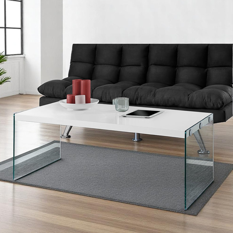 Table basse d'appoint en verre trempé au fini blanc brillant Hemi, H 16,14 po x l 43,7 po x P 21,8 po