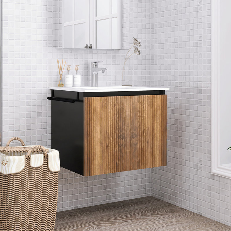 24" Wall-Mounted Bathroom Vanity With Ceramic Sink And Towel Rack, Black/Dark Walnut