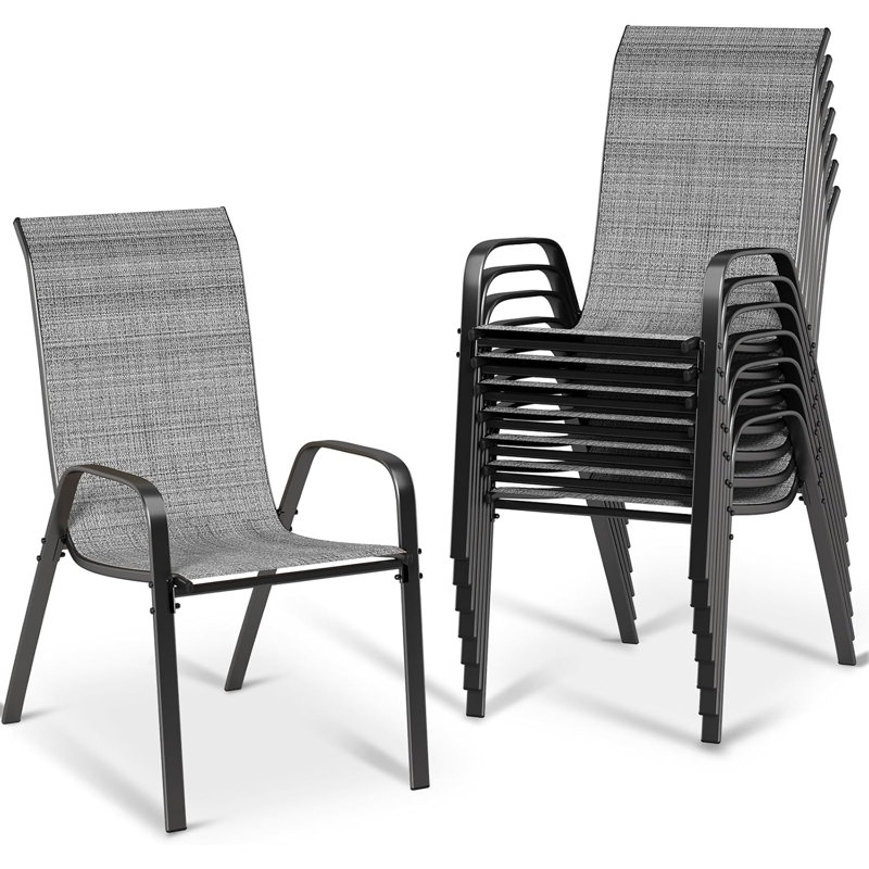 All-Weather Stackable Patio Chairs, Durable Textilene Fabric with Armrests, Sturdy Metal Frame, Ergonomic Quick-Dry Outdoor Dining Chairs for Backyard & Poolside(Gray, 8pcs)