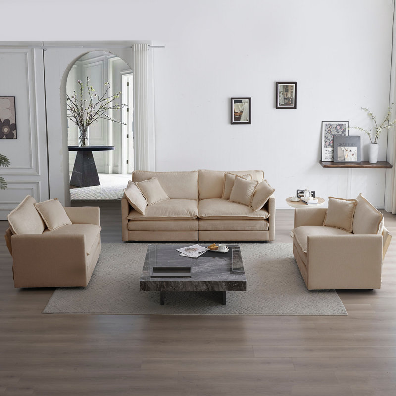 Chenille Sectional Sofa, Comfy Modular Coush Sofa, Brown