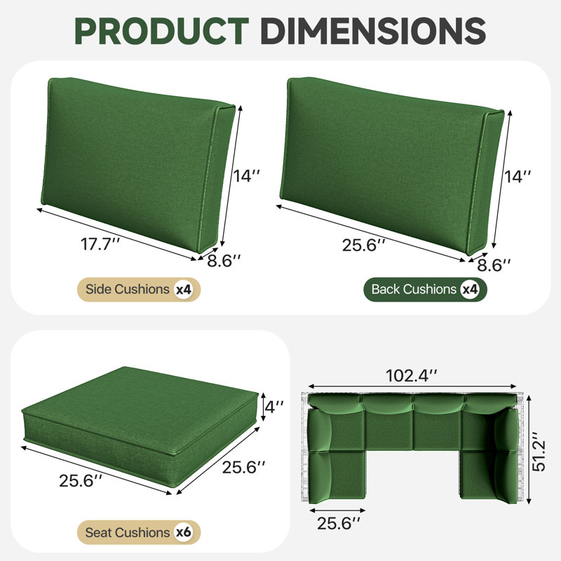 14-pcs 4" Thick Patio Cushion Covers – Water-resistant Replacements For 6-seat Sectional Sofa, Green
