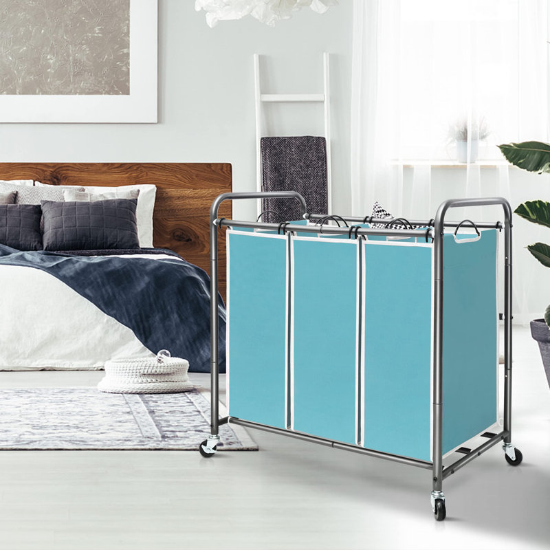 Blue Polyester Canvas Laundry Sorter with Metal Frame and Wheels