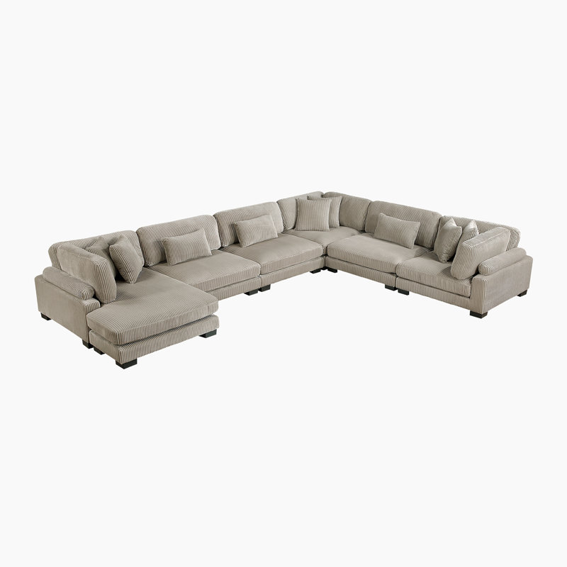 Hulett 135" Modern Modular Sectional with Corduroy Fabric, Adjustable Backrests & 9 Pillows, Taupe Corduroy