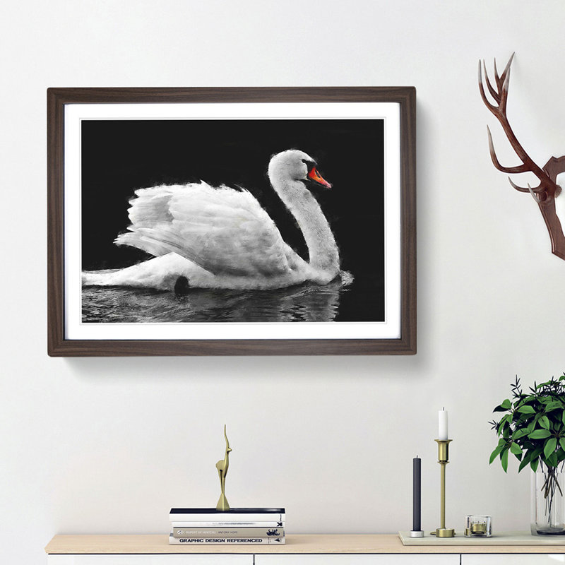 White Swan Swimming - Picture Frame Painting Print, Walnut Framed, 45cm H x 63cm W x 2cm D