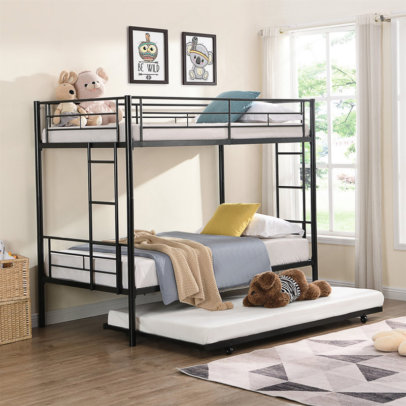 Twin Over Twin Metal Bunk Bed With Trundle For Space-Saving Sleep Solutions And Durable Multi-Bed Functionality.