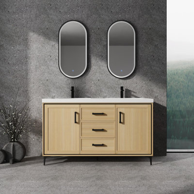 Meuble-lavabo autoportant avec double lavabo en résine, 2 portes à fermeture douce et 3 tiroirs à fermeture douce, contreplaqué