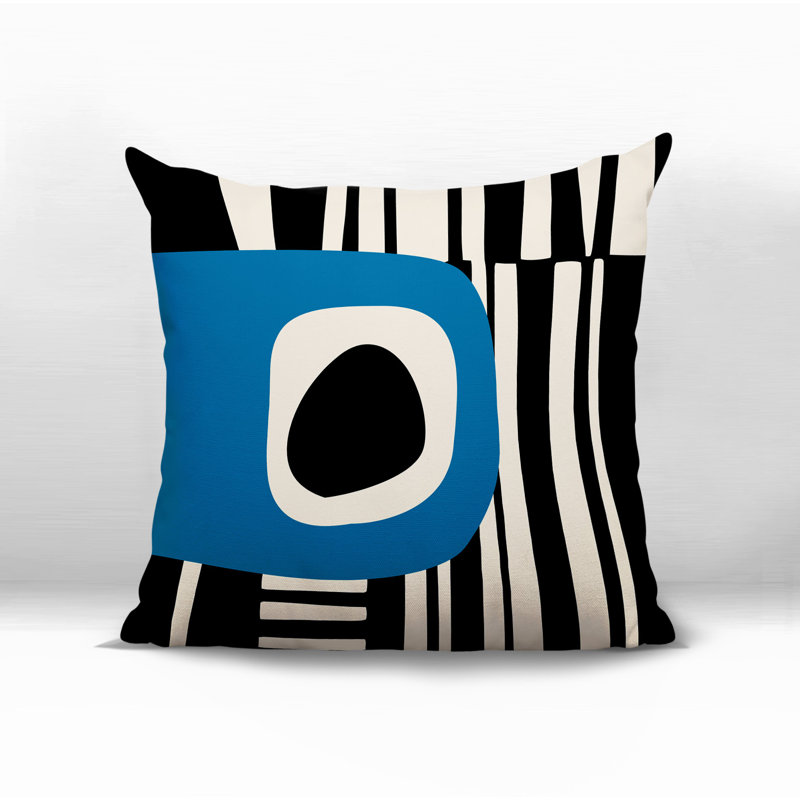 Oreiller carré réversible intérieur / extérieur Jina, H 19 po x l 19 po, Turquoise / noir / blanc cassé abstrait