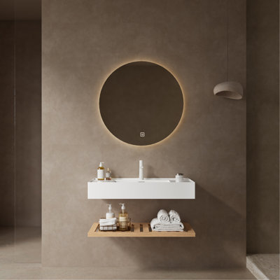 Meuble-lavabo à DEL 36 po avec lavabo vasque, lavabo intégré mural flottant rectangulaire en acrylique blanc sans robinet, couche rayée, couleur grain de bois naturel