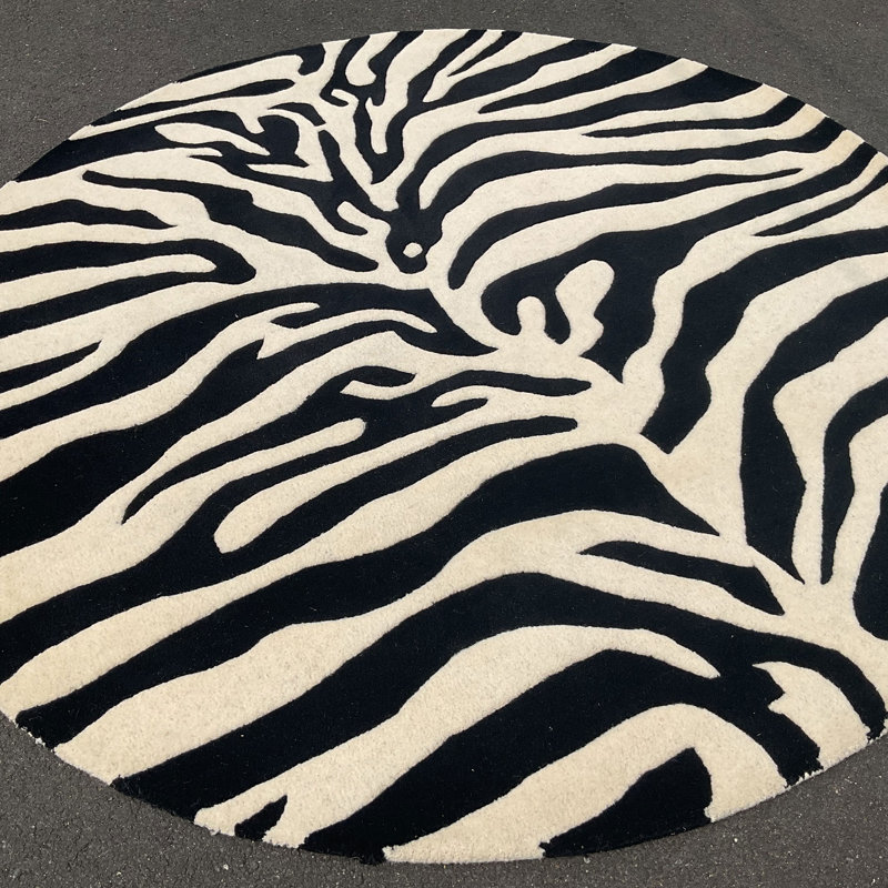 Tapis noir / blanc en laine touffeté à la main, Rond 6 pi