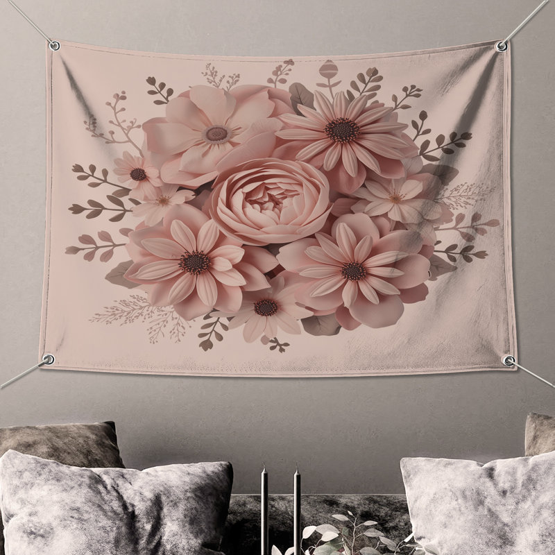 Tapisserie murale bouquet floral rose - décoration murale fleurs, H 50 po x l 60 po avec 4 œillets