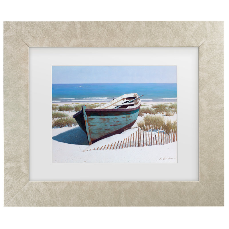 Art sur toile, "Bateau bleu sur la plage" encadré par Zhen Huan Lu, peinture, Champagne, H 19,5 po x l 23,5 po x P 0,625 po