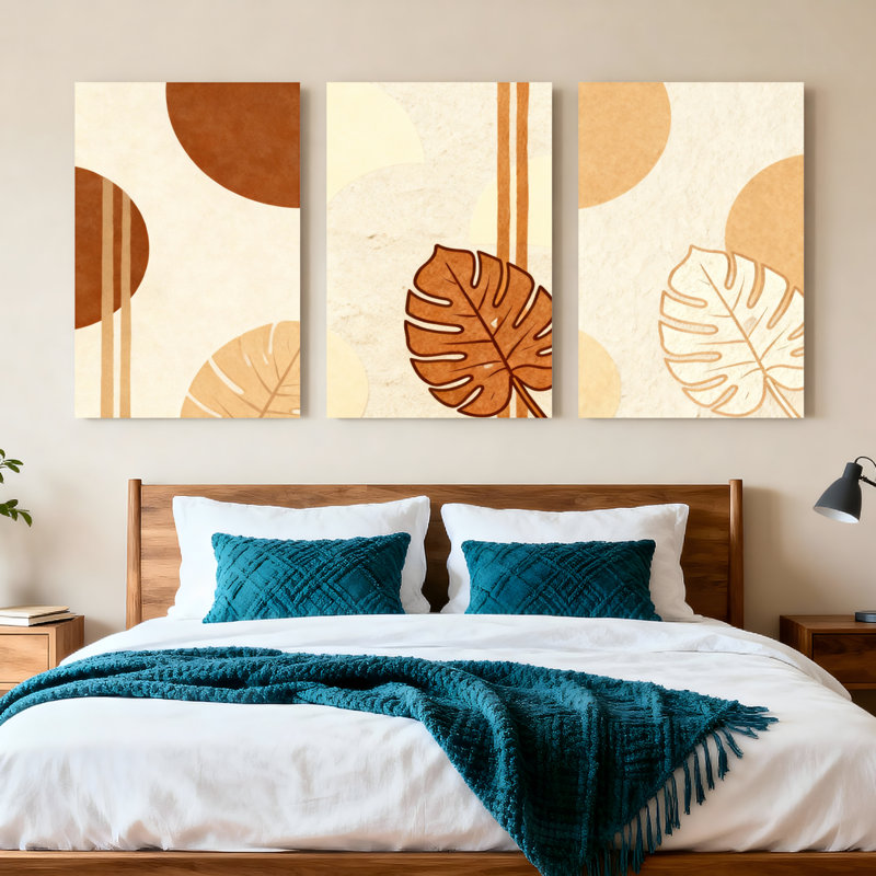 Abstrait, feuilles tropicales et formes géométriques, art mural tendu sur toile, impression de style bohème moderne (ensemble de 3)