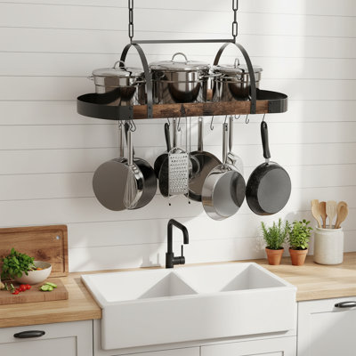 Hanging Pot Rack & Ceiling Mount Kitchen Rack With 32-Inch Span, Space-Saving Storage For Pots & Pans, 16 Detachable S Hooks, Sturdy Metal Frame, Industrial Style Design, Easy Assembly