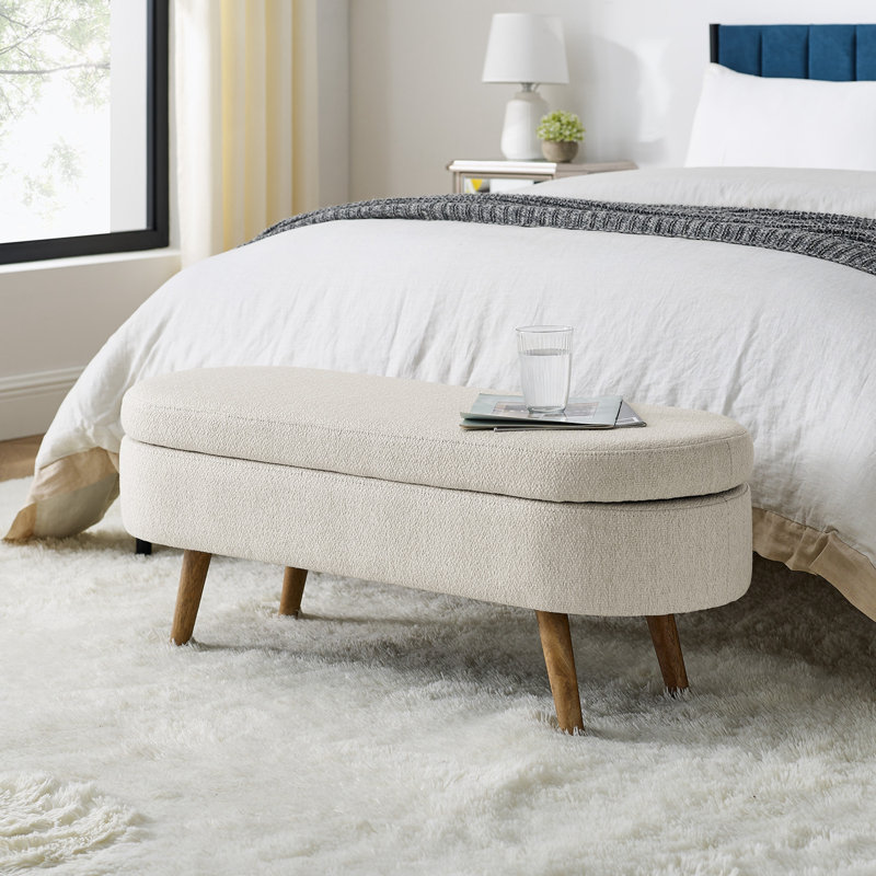 Caisyn Linen Upholstered Storage Bench, Beige, Walnut